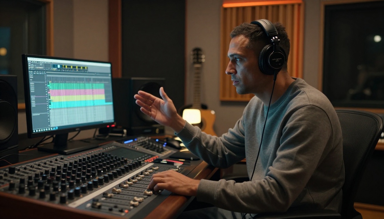 Music producer at mixing desk in recording studio with headphones and audio monitors