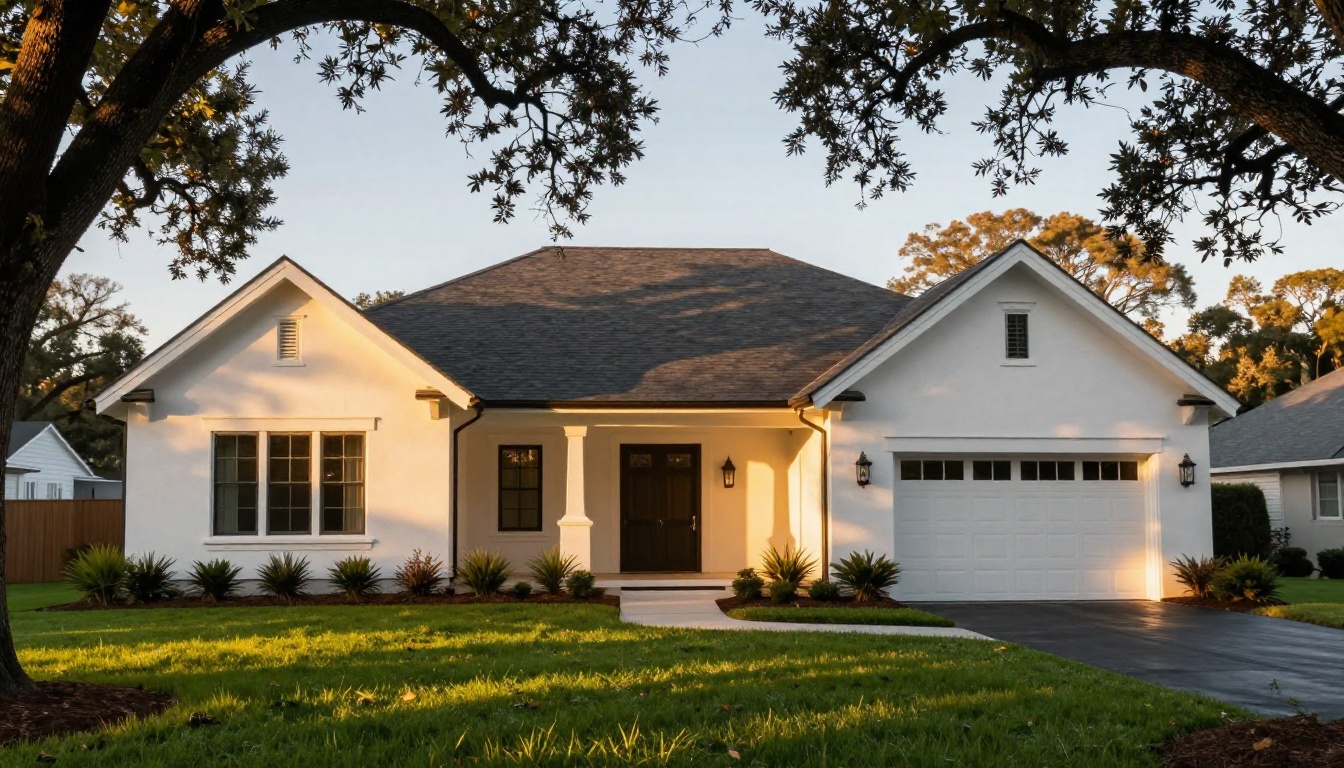 Luxury home exterior photographed at golden hour with manicured lawn and amber light