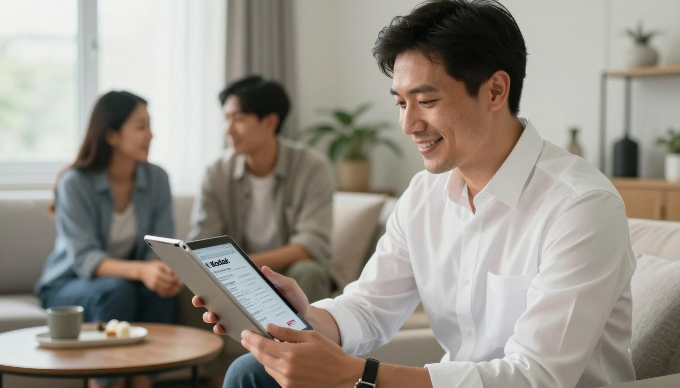 Real estate agent showing property listing to clients on a tablet in a modern home