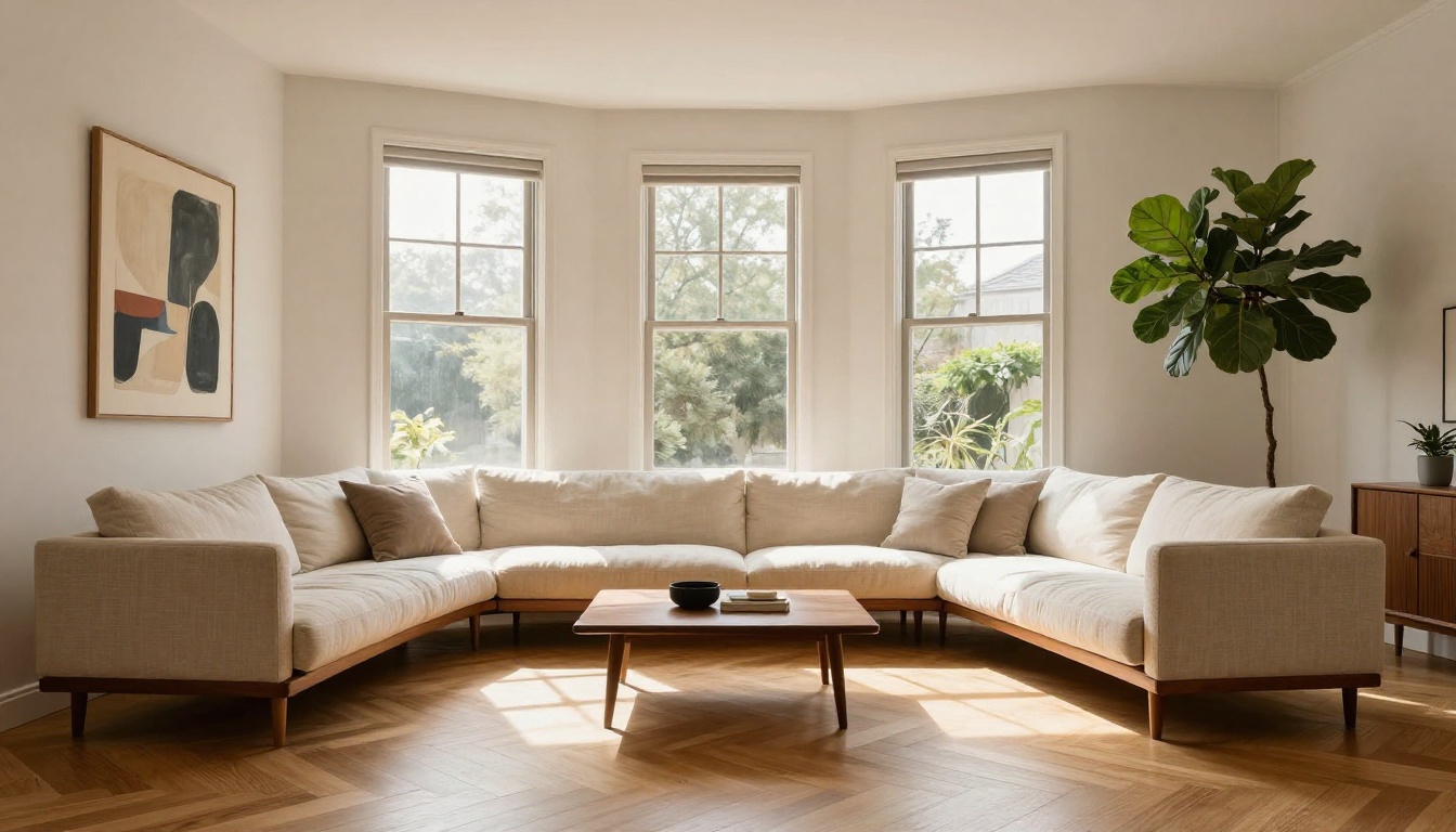 Elegantly virtually staged living room with mid-century modern furniture and defined afternoon light on herringbone floors