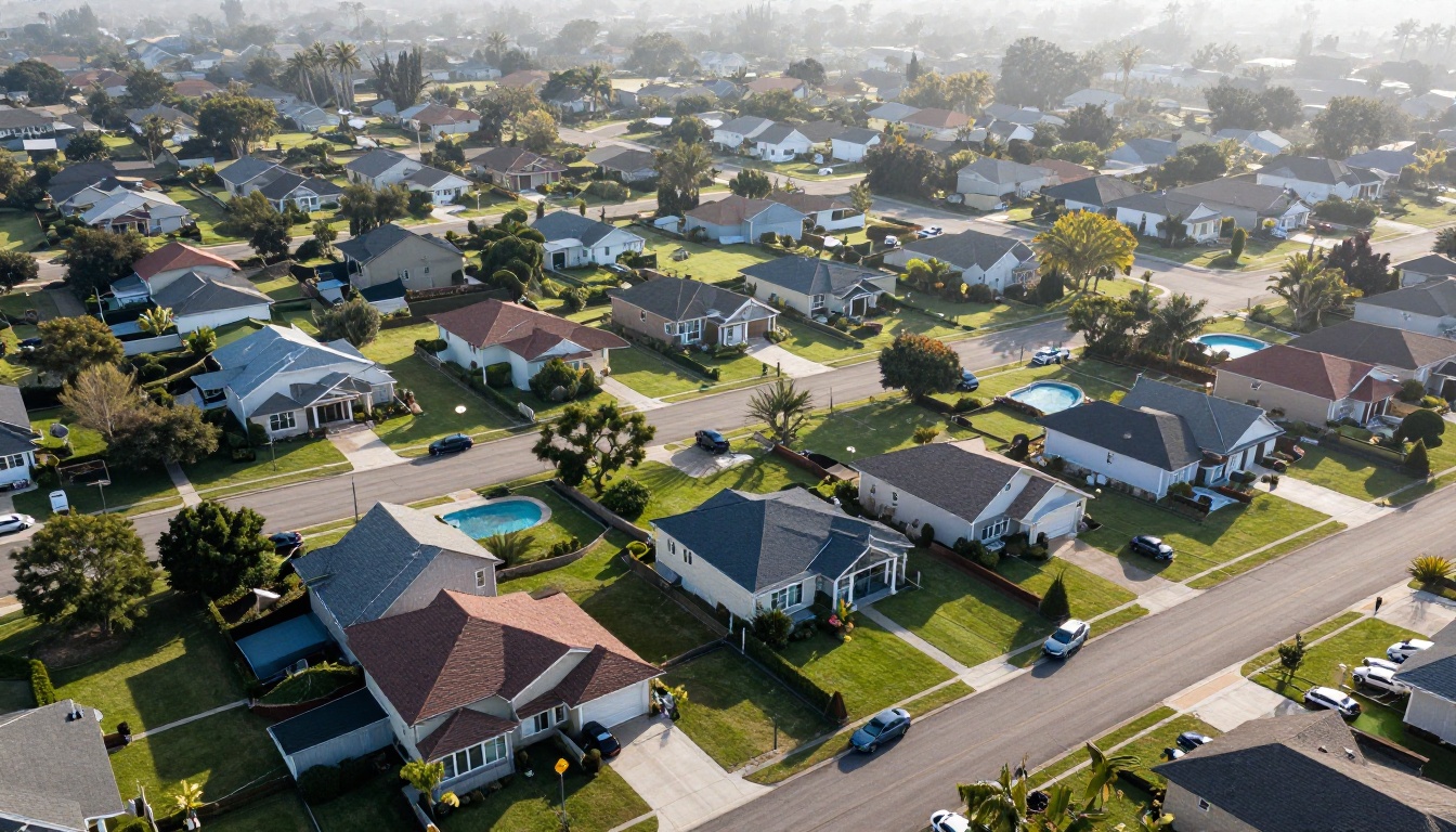 Aerial drone view of a suburban neighborhood with tree-lined streets, varied rooflines and morning light