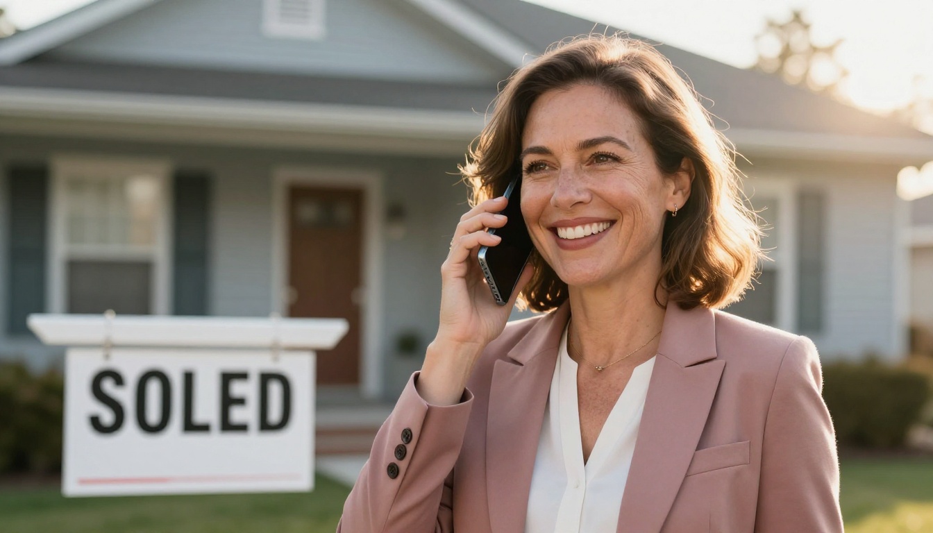 Cheerful female real estate agent smiling on the phone standing in front of a sold sign on a sunny street