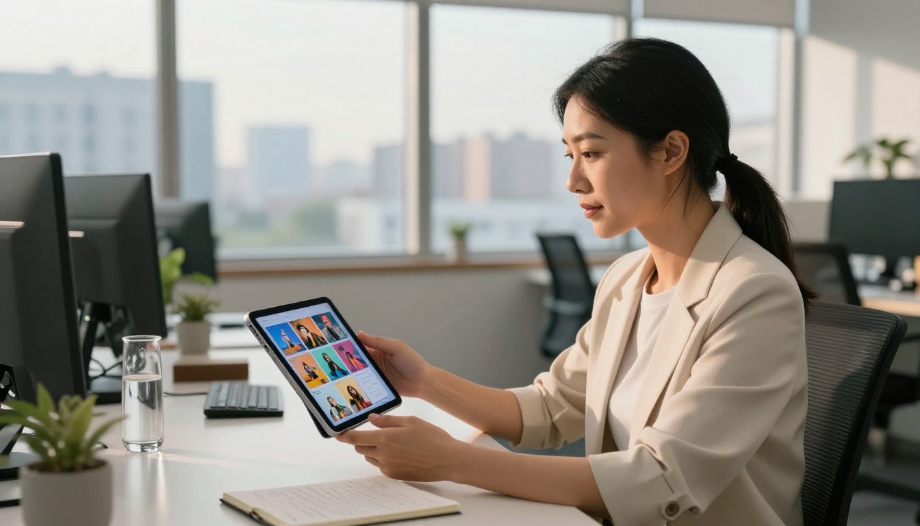 Business owner reviewing AI-generated marketing visuals on tablet in bright open-plan office