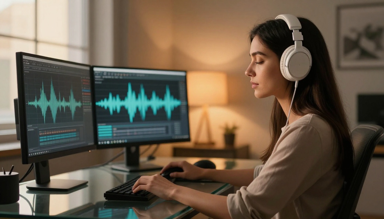 Woman wearing over-ear headphones in side profile at home studio glass desk