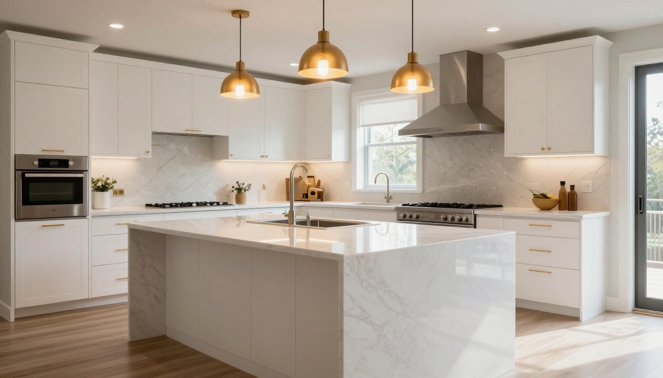 Modern luxury kitchen with white shaker cabinets, quartz countertops, and morning light through the window