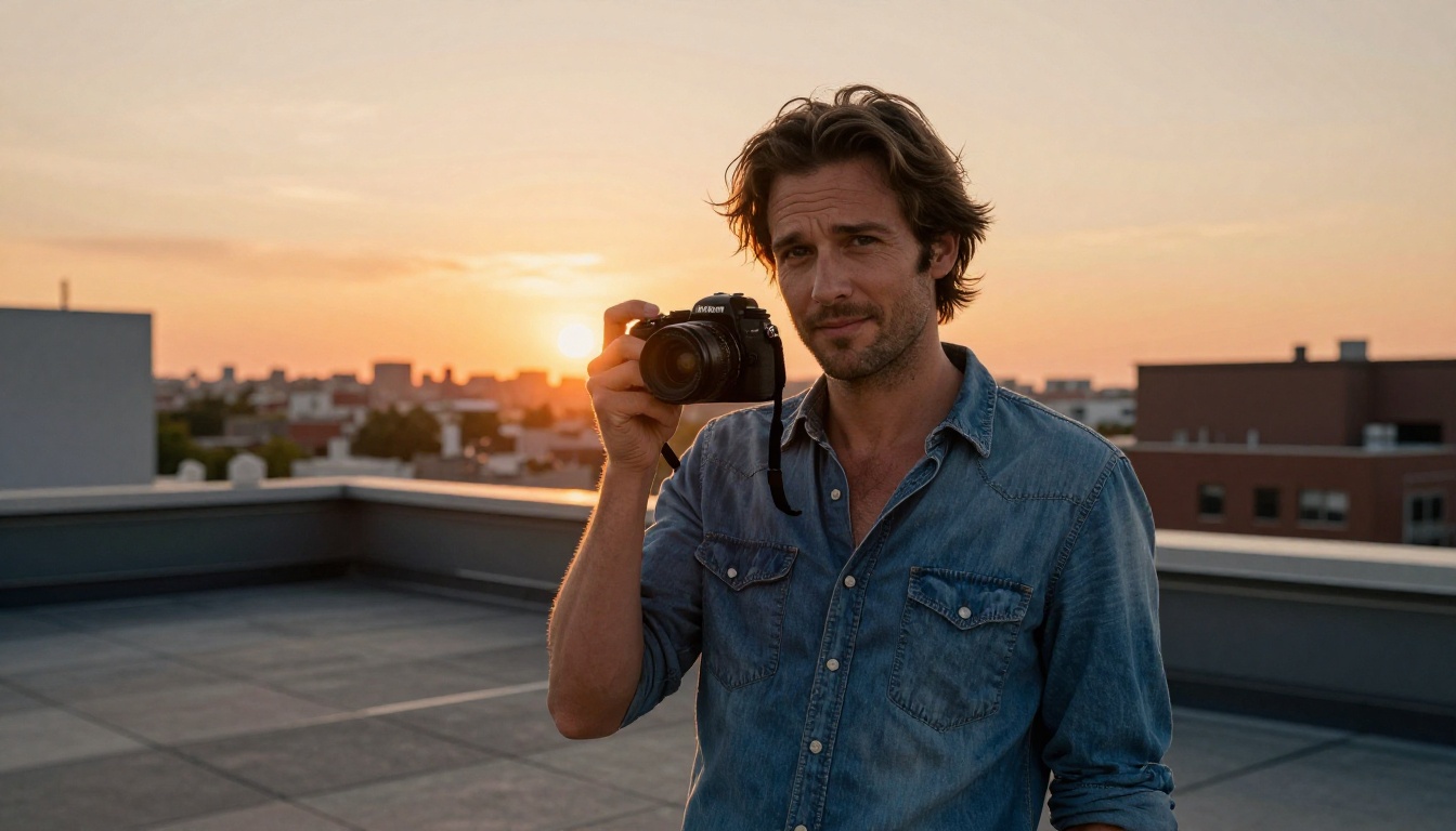 Confident photographer standing on urban rooftop at golden hour holding mirrorless camera