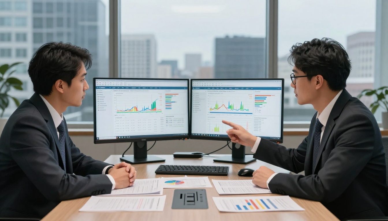 Two real estate professionals analyzing property market data on large monitors in a modern office