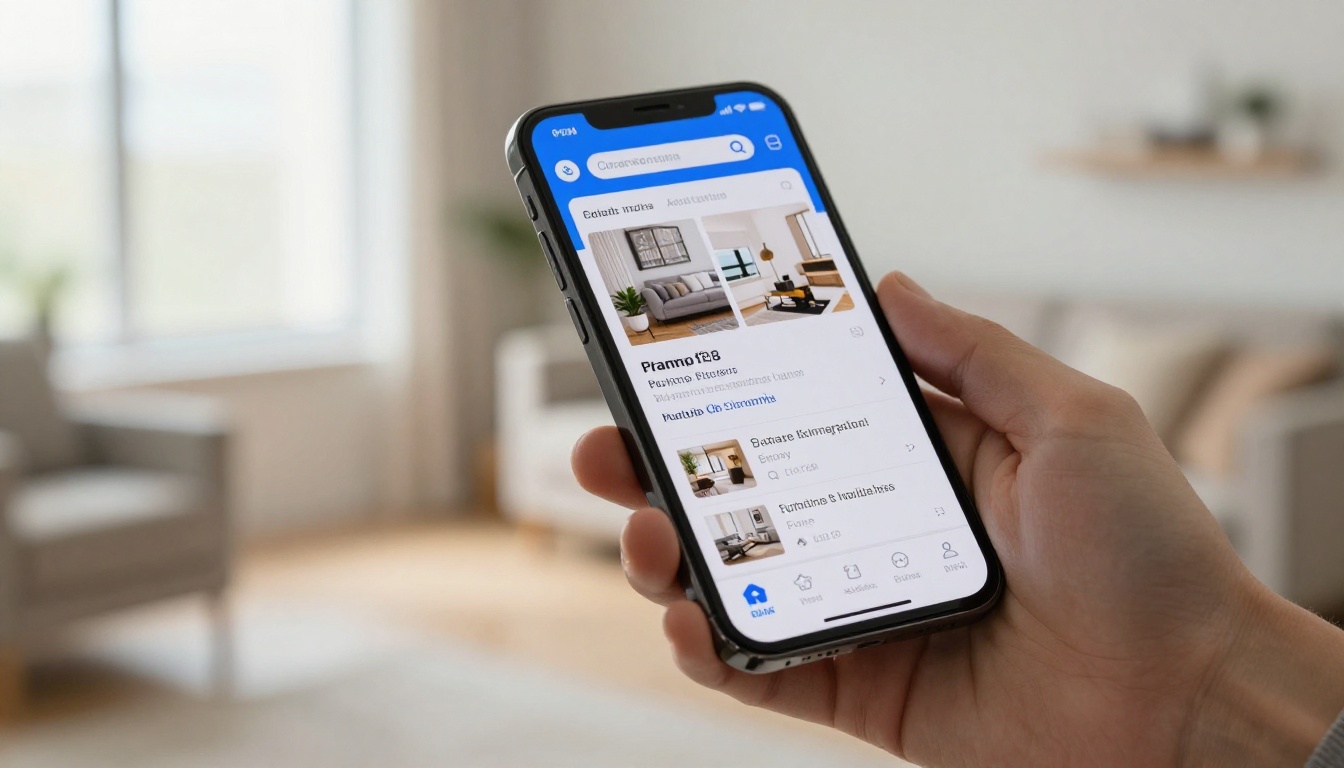 Smartphone displaying a real estate AI application with property listings held in a bright modern apartment