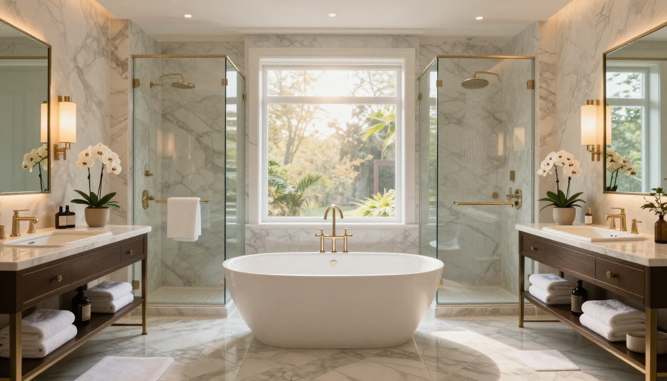 Spacious luxury master bathroom with freestanding soaking tub under skylight in a high-end property