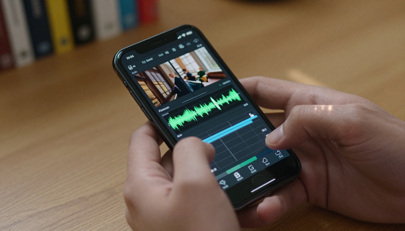 Man's hands gripping smartphone showing video editing timeline, natural daylight, close-up shot