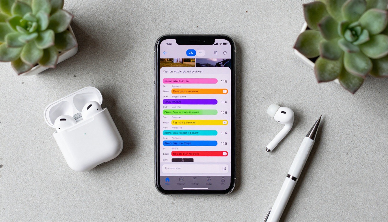 Overhead flat lay of smartphone surrounded by earbuds, pencil, and succulent showing caption interface on screen