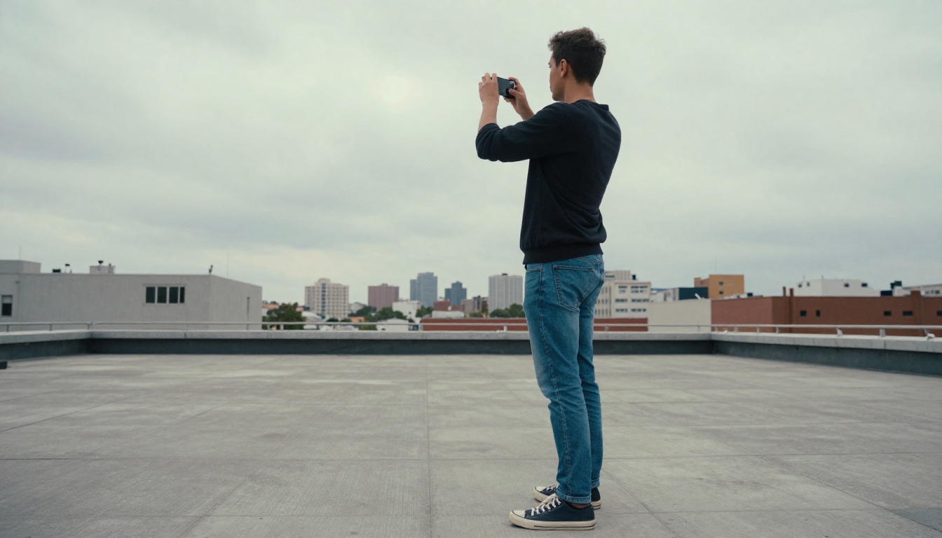 Young man standing on urban rooftop holding smartphone filming city skyline, low angle wide shot