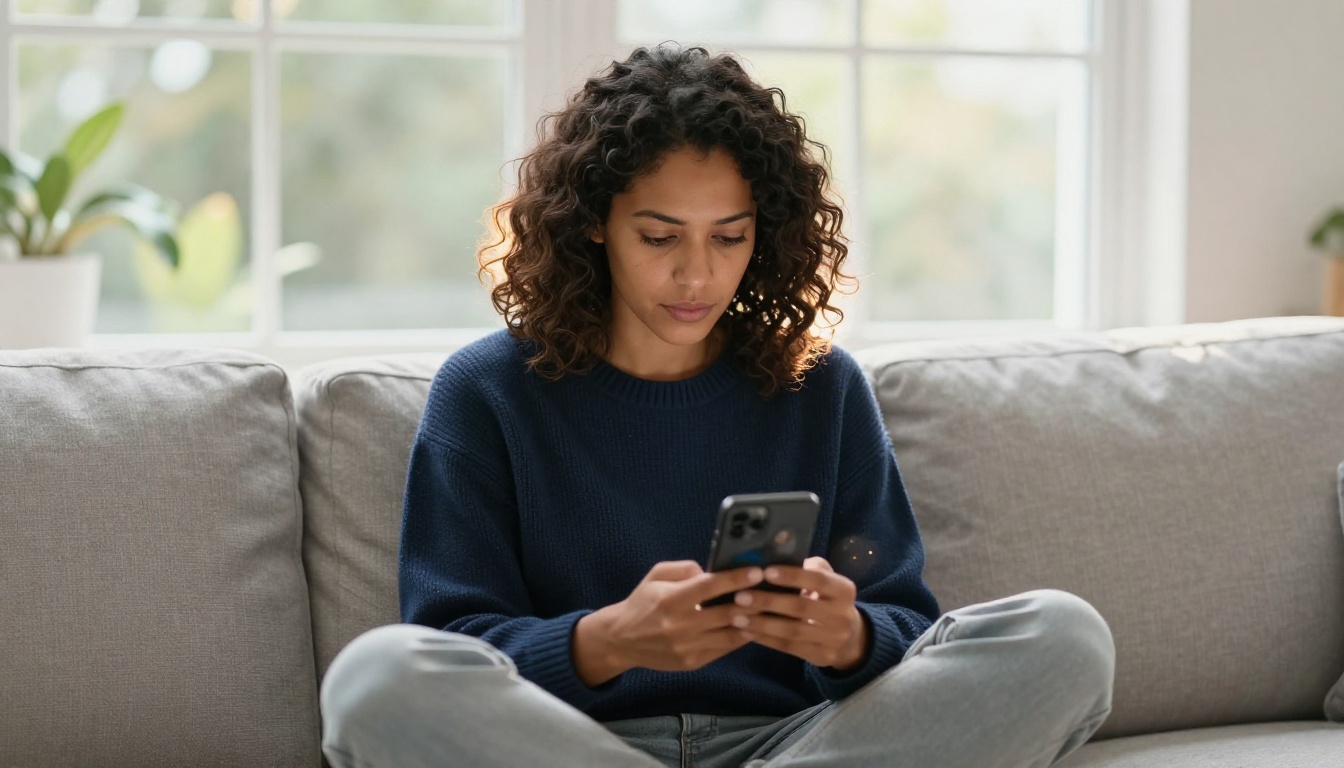 Woman sitting cross-legged on grey sofa watching before-after 4K upscale comparison on smartphone, afternoon window light