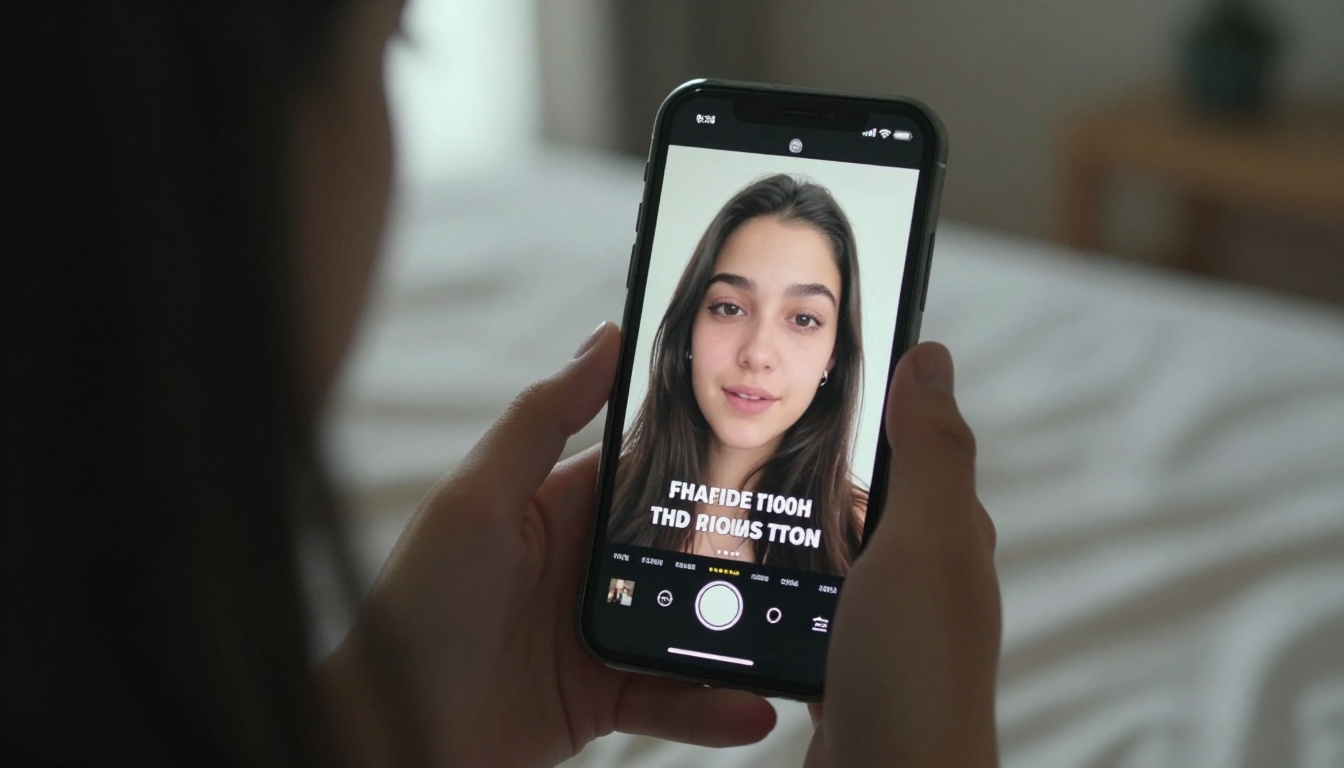 Over-the-shoulder view of young woman looking at phone showing social media video with auto-generated caption text