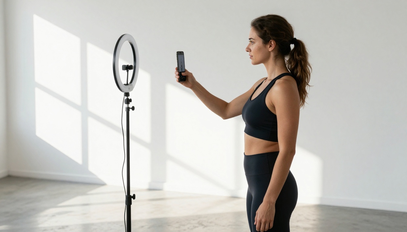 Athletic woman filming herself in bright white home gym using phone on tripod, background removal interface visible on screen