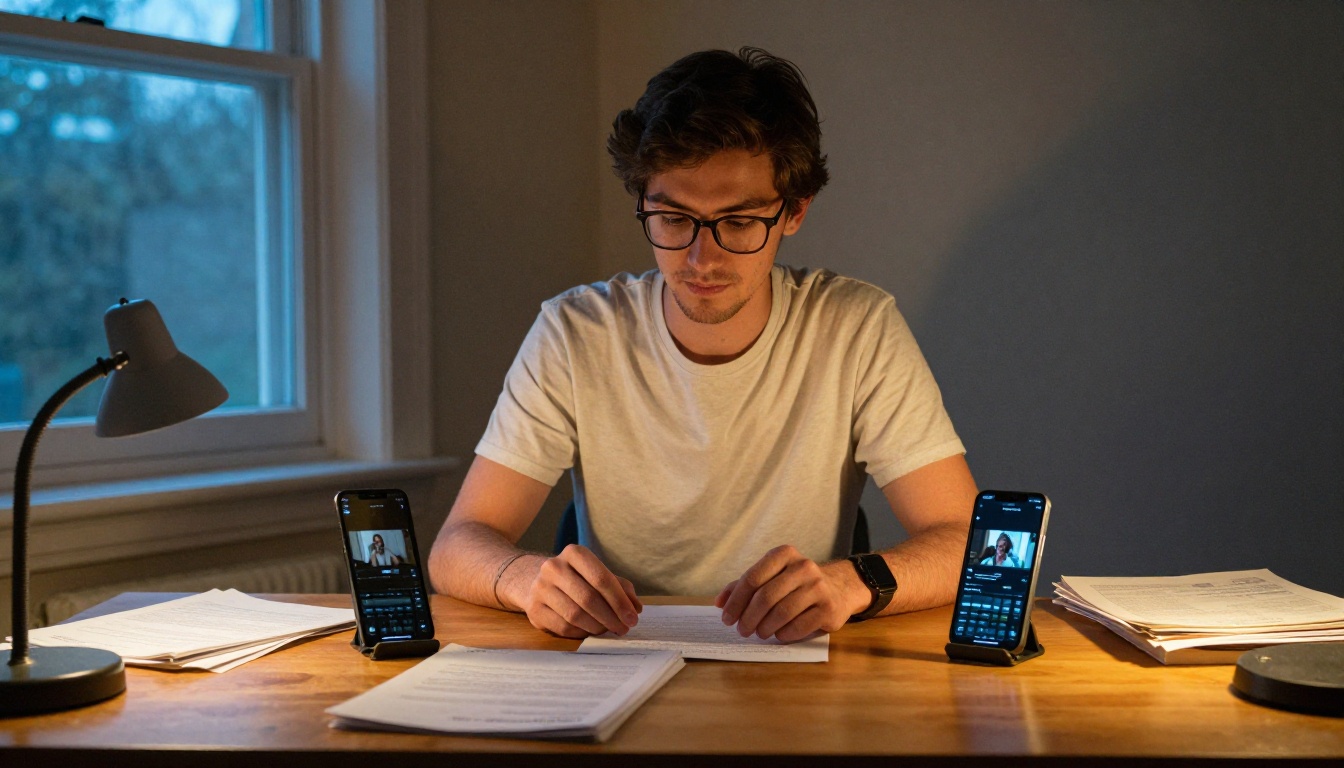 College-aged man with glasses at wooden desk with two smartphones showing different video editing interfaces, dual warm and cool lighting