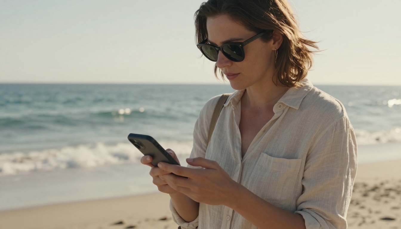 Woman walking along sunny beach promenade reviewing edited video on her phone, coastal midday light, loose linen shirt
