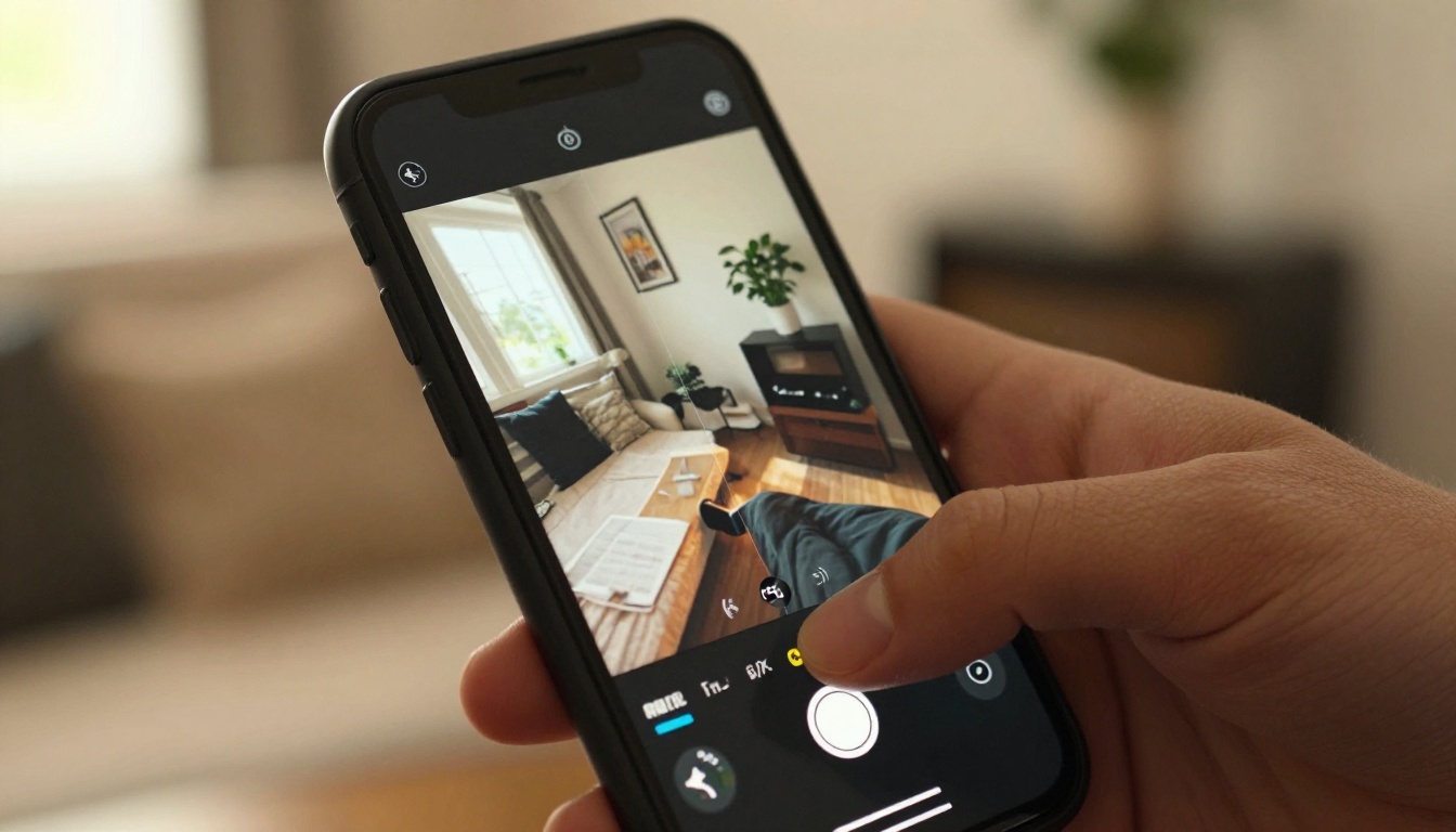 Close-up of phone screen showing reframing tool converting landscape video to vertical portrait format, thumb over confirm button
