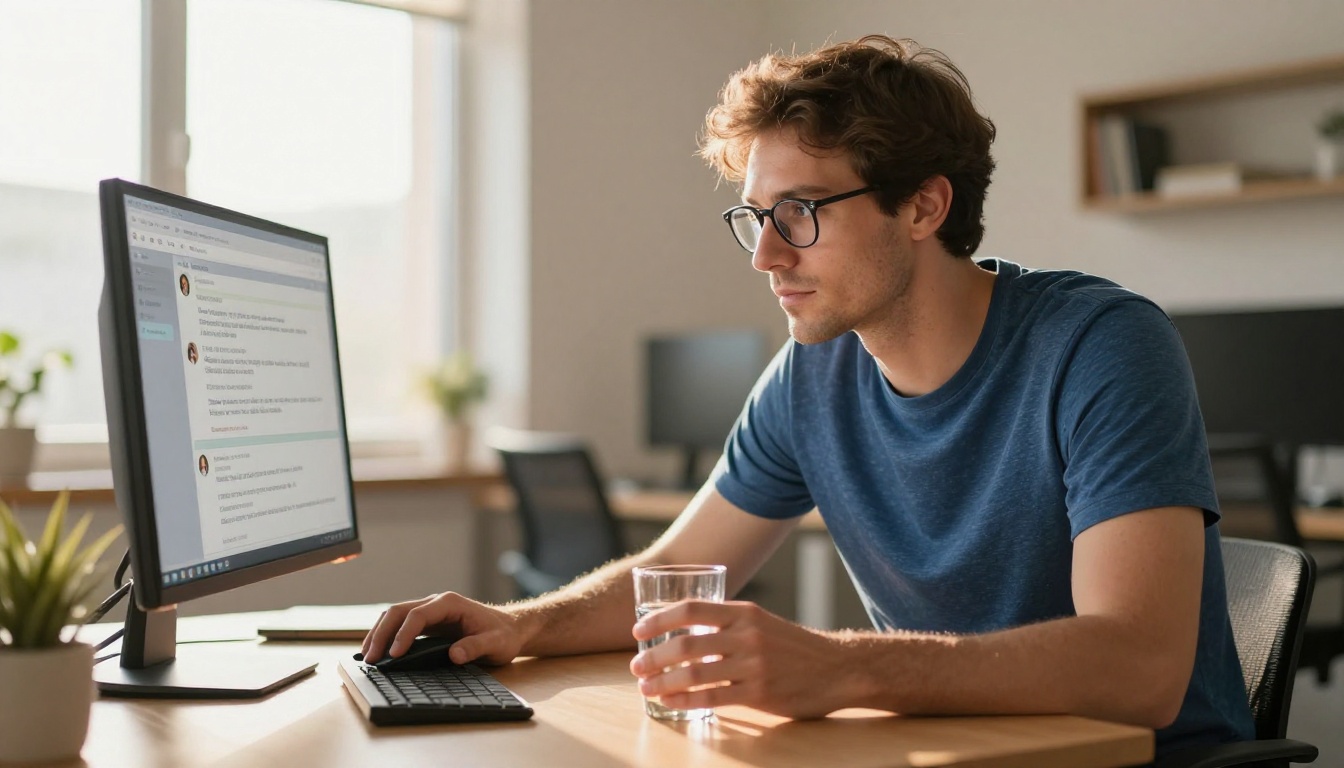 Person using AI chatbot at desk in open-plan office