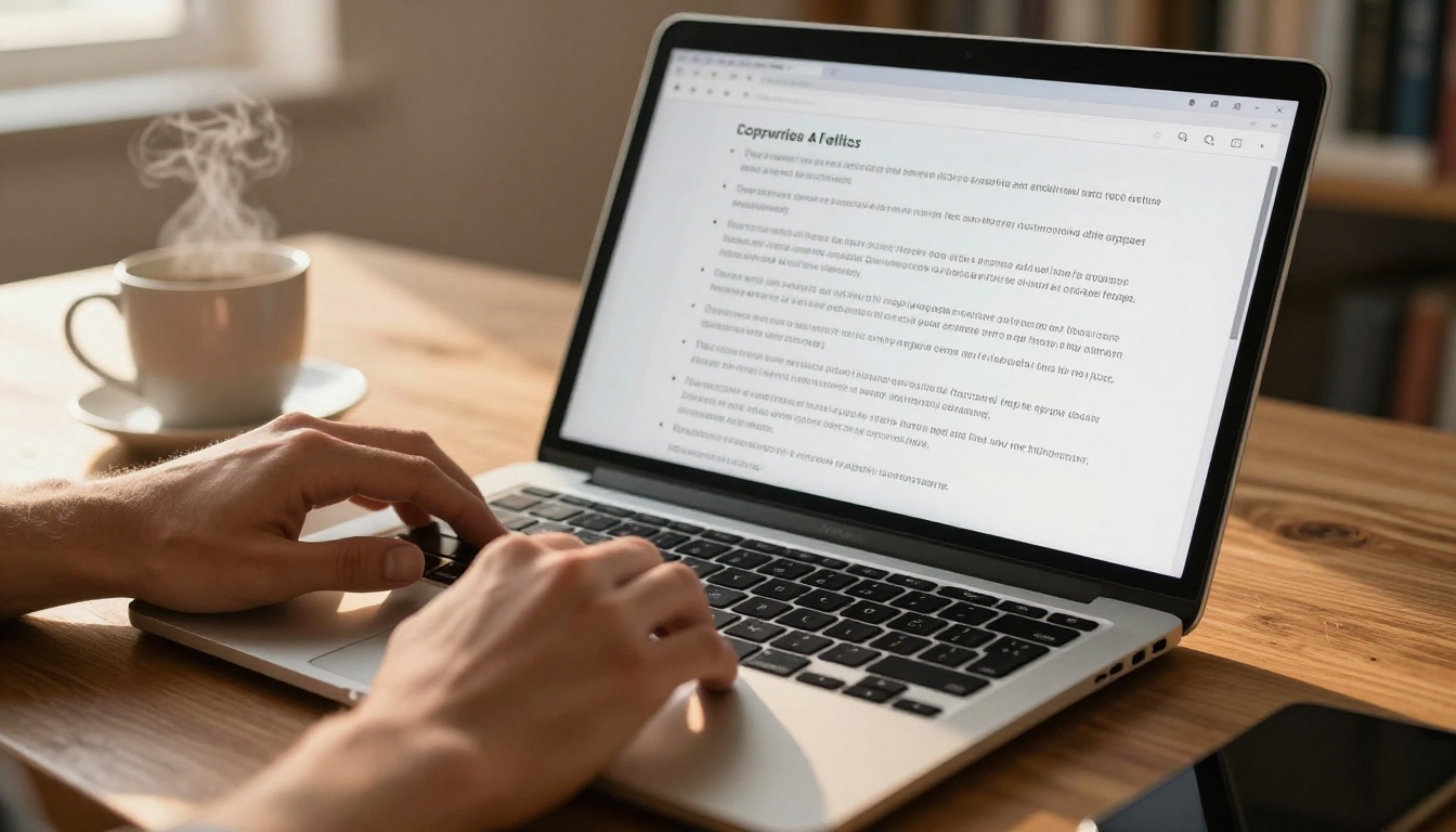 Man's hands working on laptop with AI copywriting interface on screen