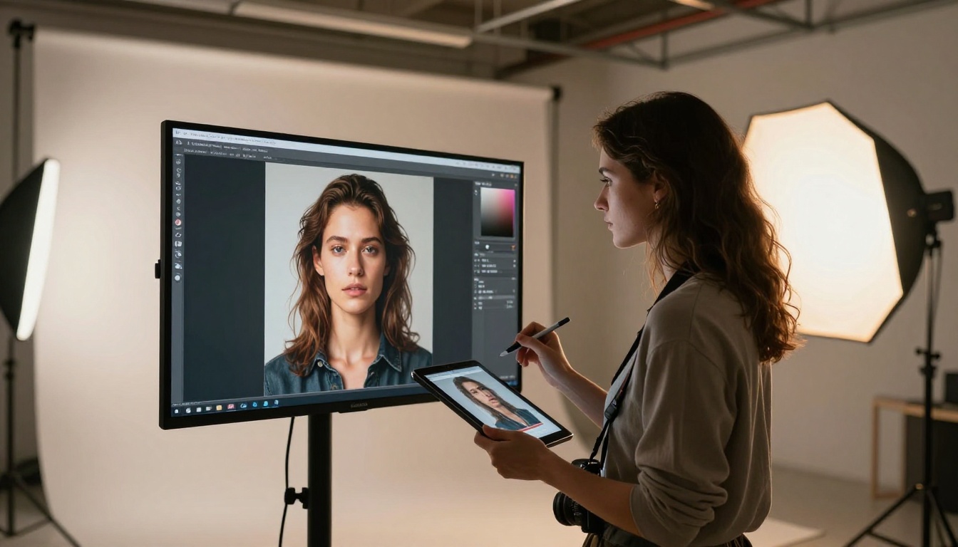 Photographer reviewing AI-generated portrait on studio monitor