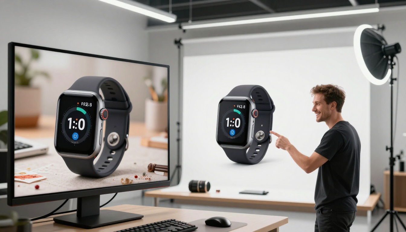 Visual comparison of blurry product photo versus crystal-clear AI upscaled version on monitor
