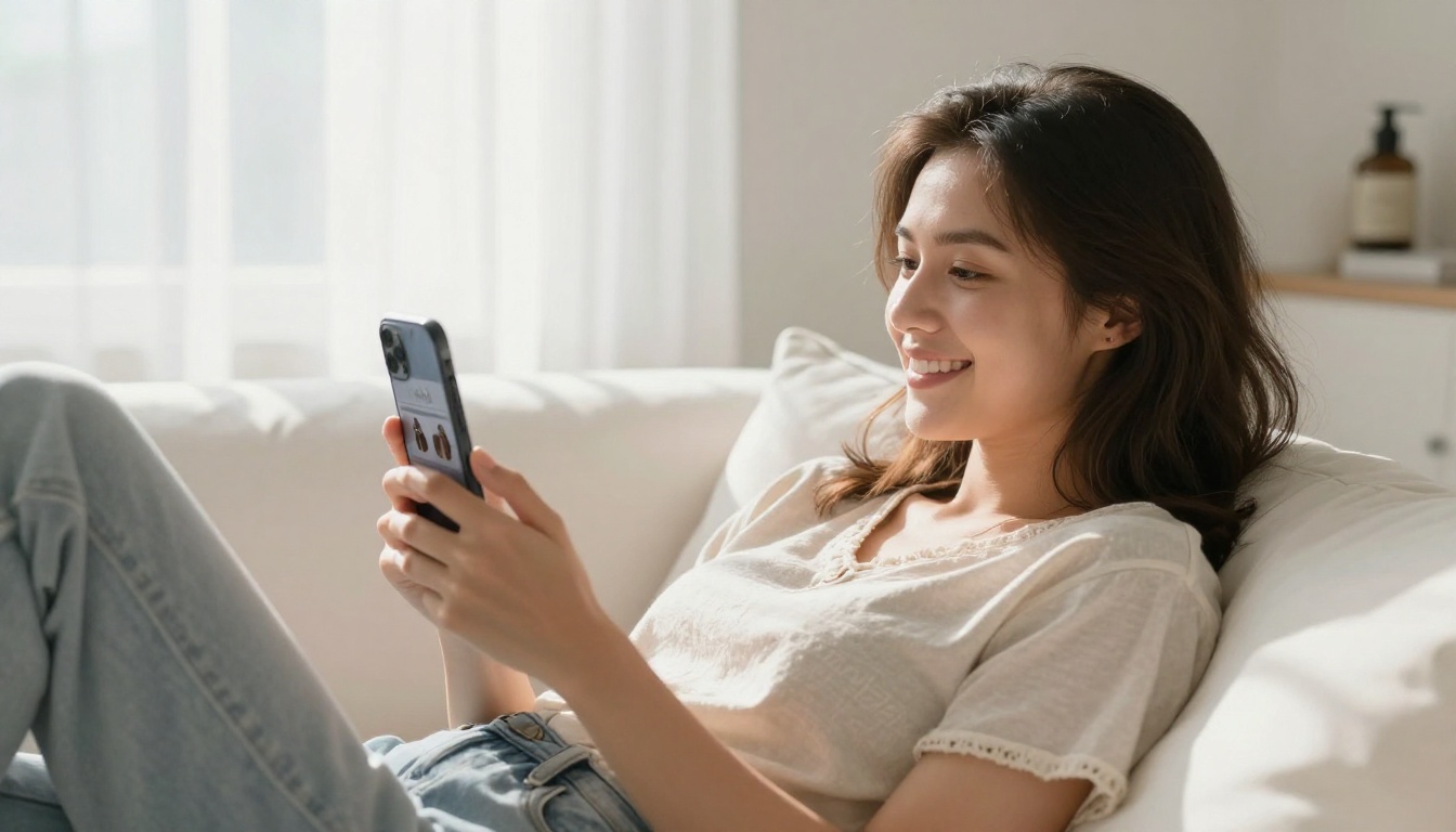 Woman happily shopping on smartphone in bright Scandinavian apartment