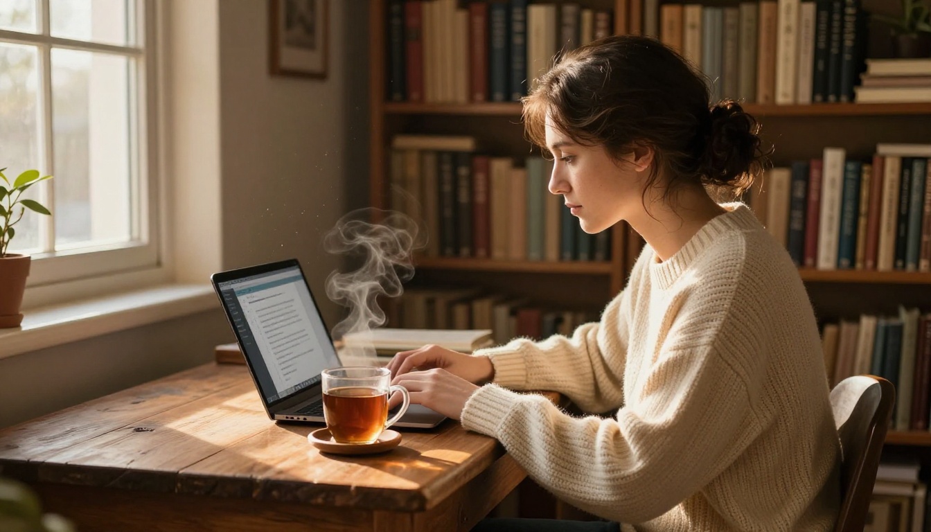 Writer using AI writing assistant at cozy home library desk