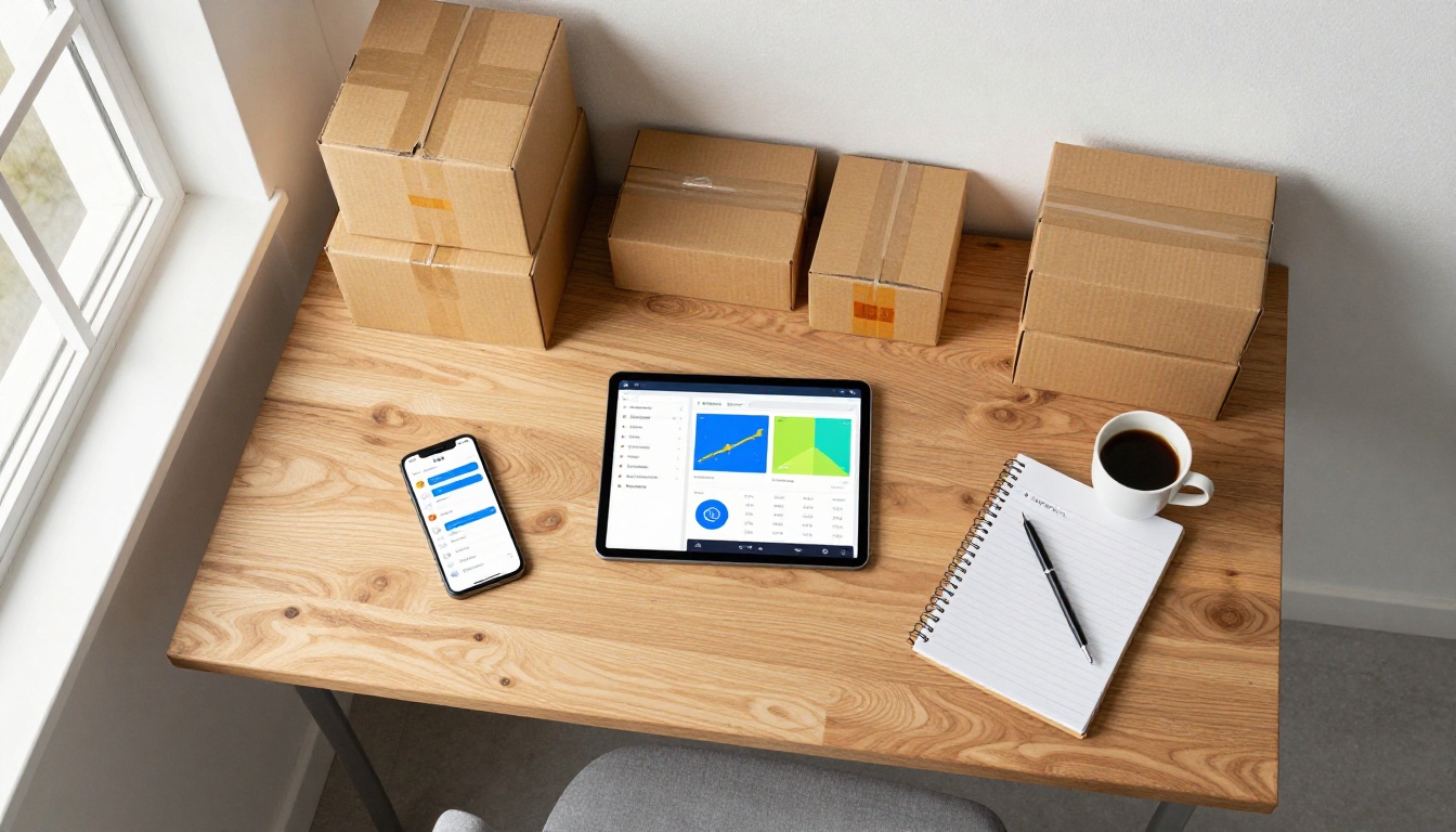 Aerial view of a dropshipping workspace with analytics dashboard and shipping boxes