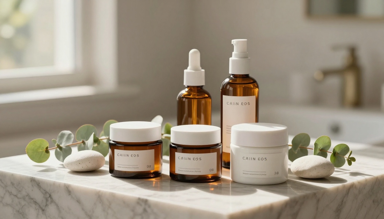 Elegant lifestyle product photography of skincare bottles on marble surface