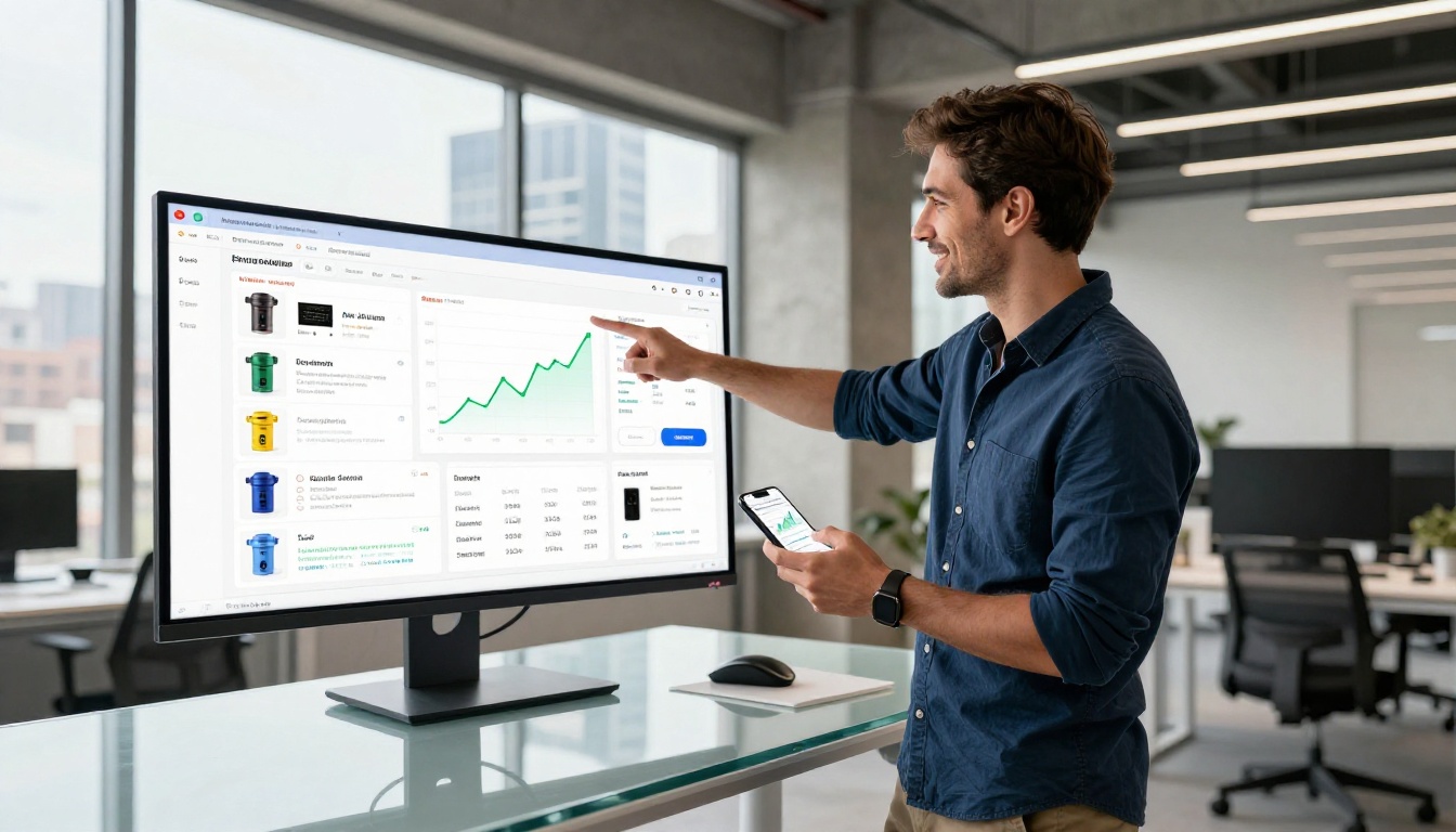Confident entrepreneur standing at desk showing profit dashboard on monitor