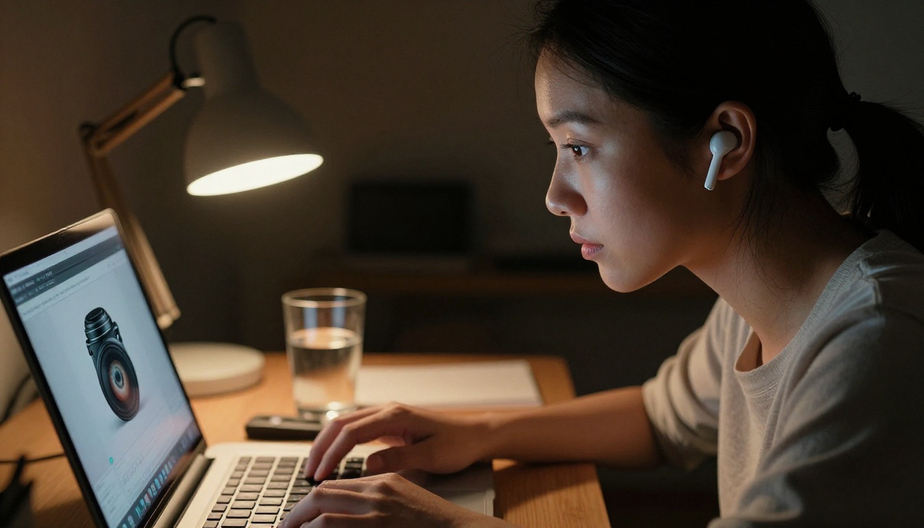 Focused woman generating AI product images late at night at her desk