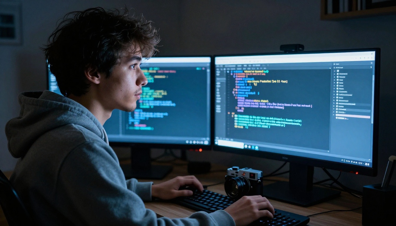 Developer working at night with code on dual monitors and screen glow