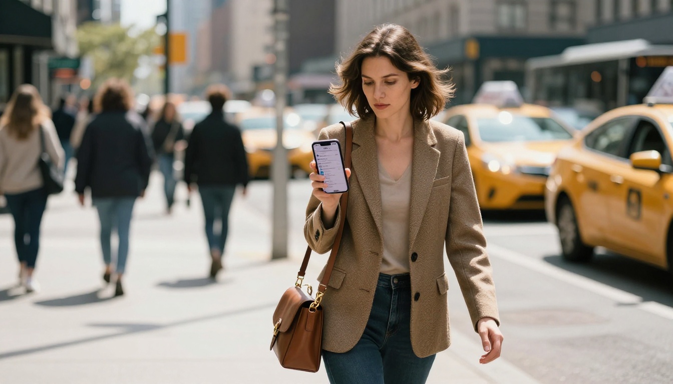 Woman using AI search on smartphone walking in city