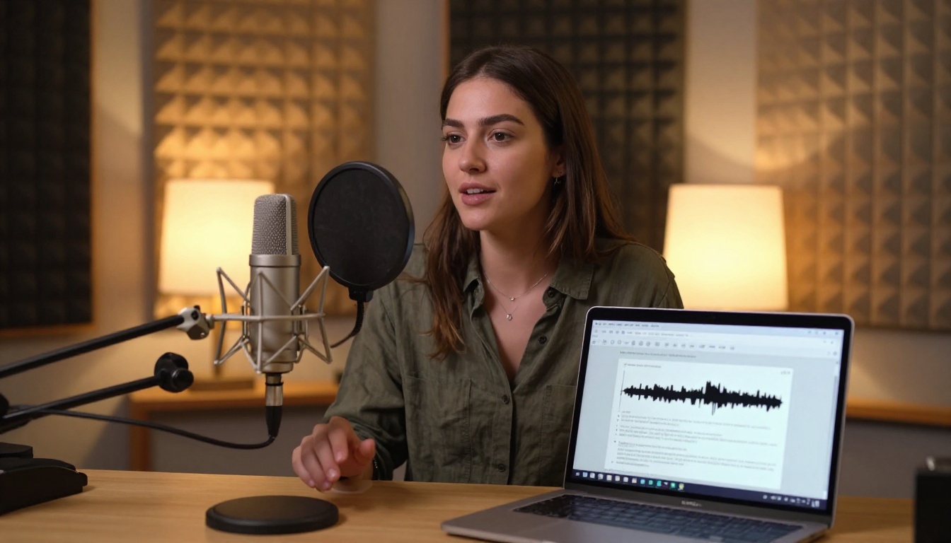 Podcaster in recording studio with AI transcription on laptop screen