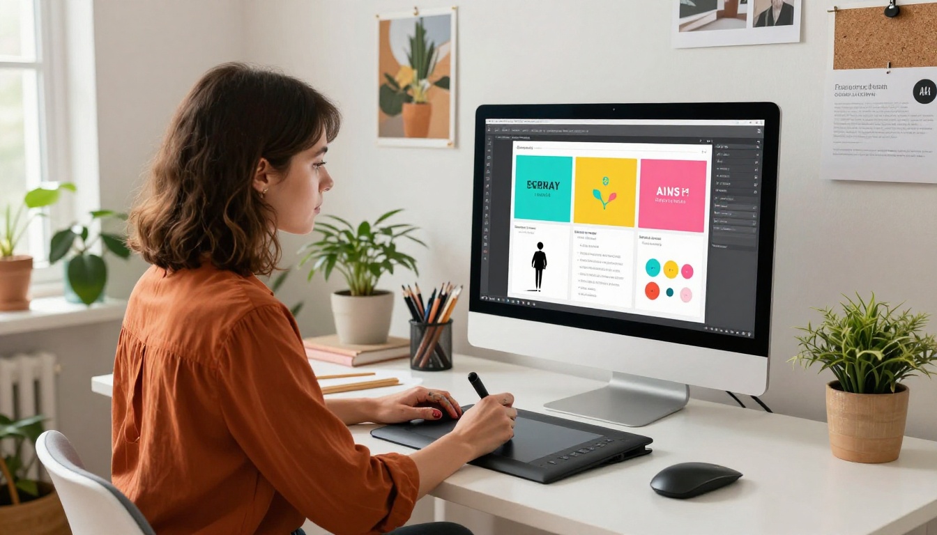 Female graphic designer using AI design tool at iMac in bright creative studio