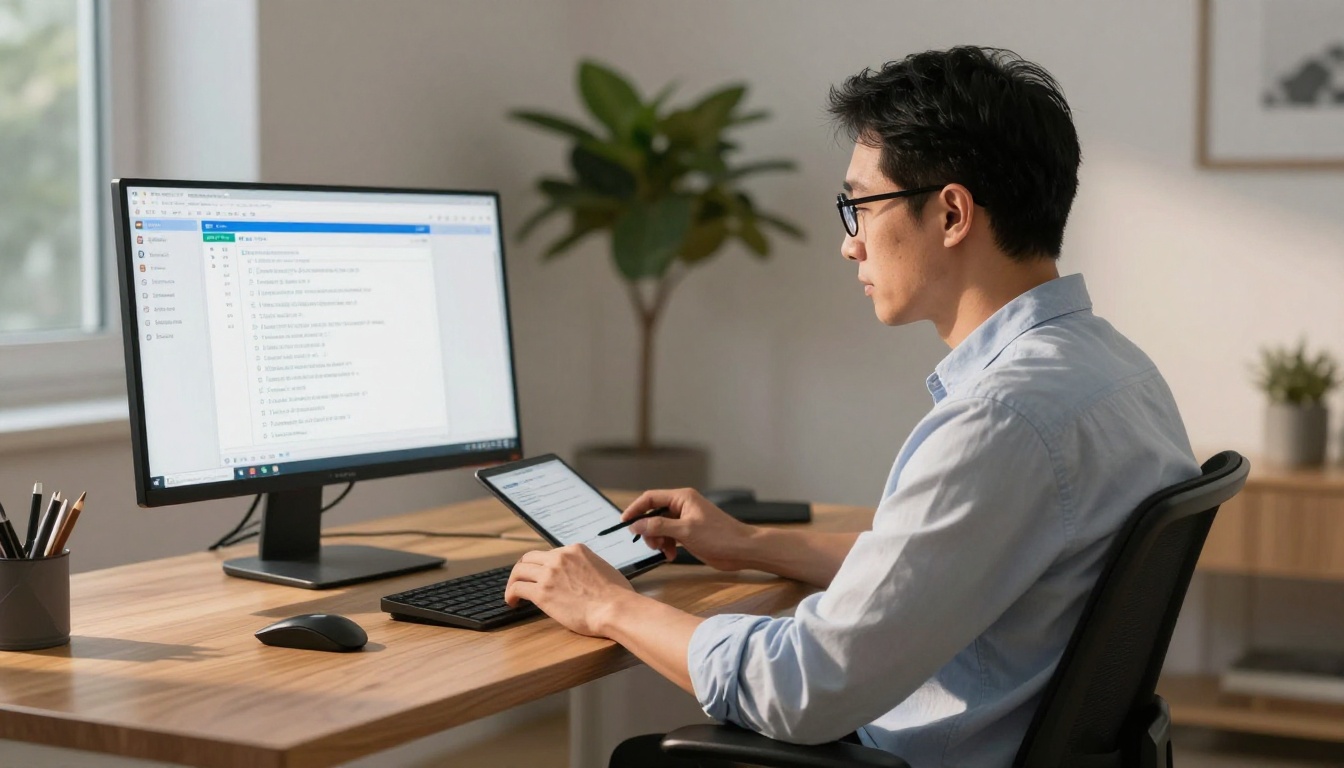 Man in blue shirt using AI productivity app at minimalist desk