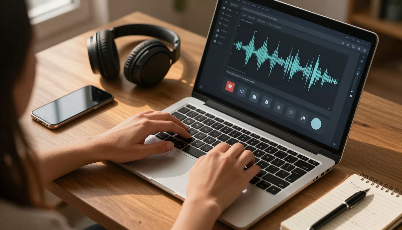 Overhead flat-lay of hands on laptop with AI voice waveform interface, headphones and notebook on desk
