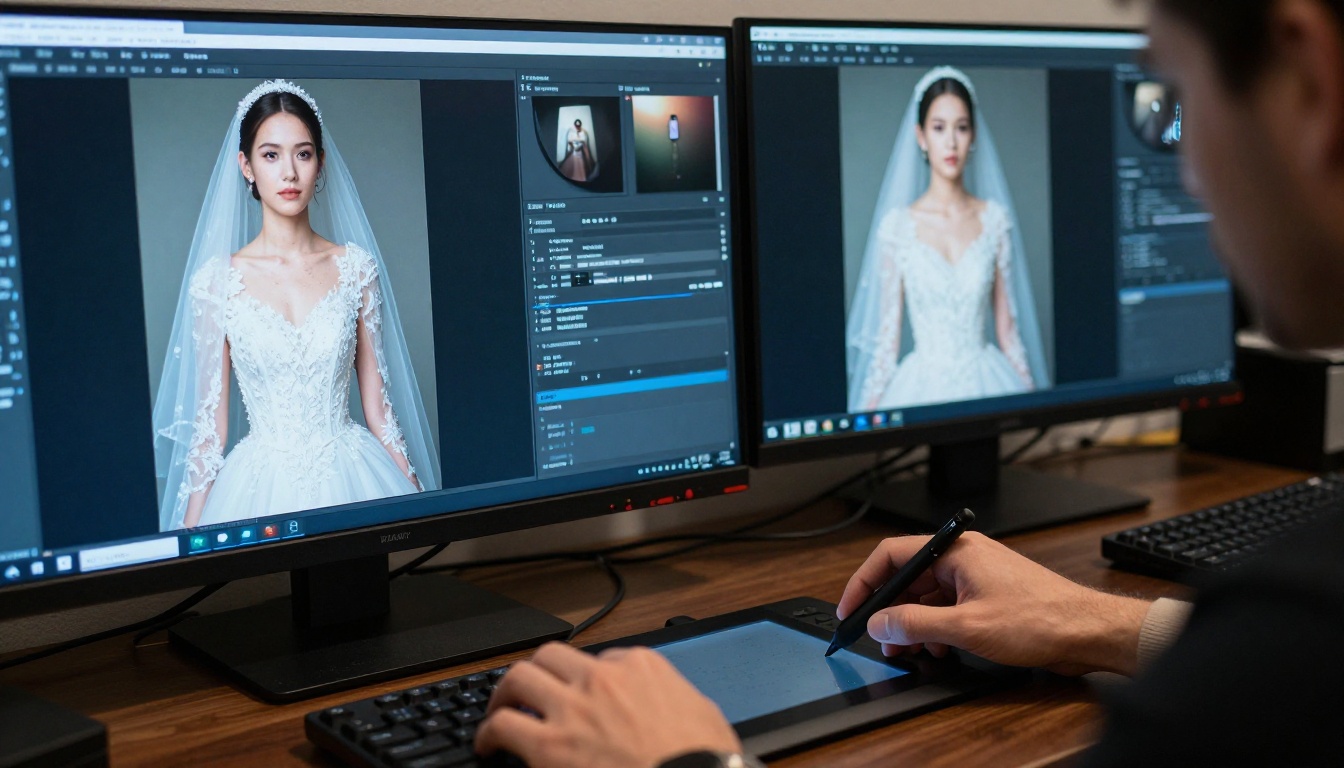 Professional editing workstation showing wedding portrait before and after retouching on dual monitors Professional editing workstation showing wedding portrait before and after retouching on dual monitors