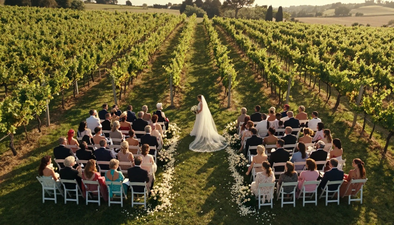 Aerial bird's eye view of outdoor wedding ceremony in Tuscan vineyard Aerial bird's eye view of outdoor wedding ceremony in Tuscan vineyard