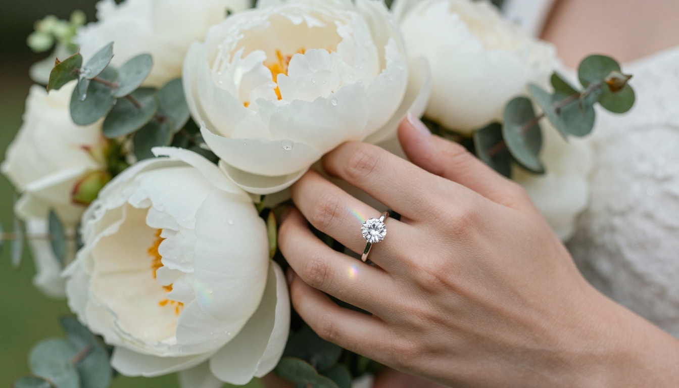 Macro close-up of bridal bouquet with engagement ring catching morning light Macro close-up of bridal bouquet with engagement ring catching morning light