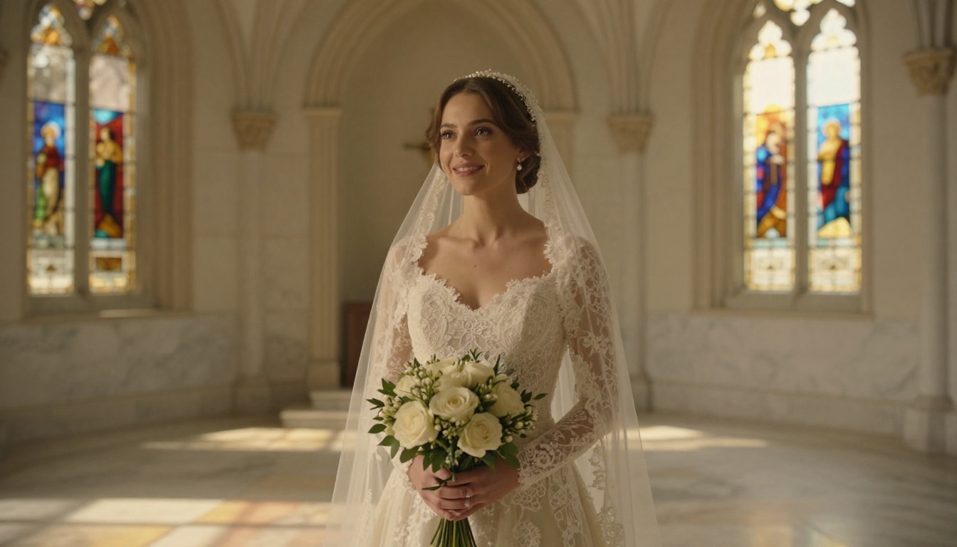 Radiant bride portrait in marble chapel with stained glass light Radiant bride portrait in marble chapel with stained glass light