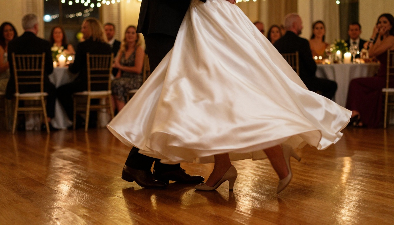 Low-angle first dance shot with fairy lights and guests in warm reception light