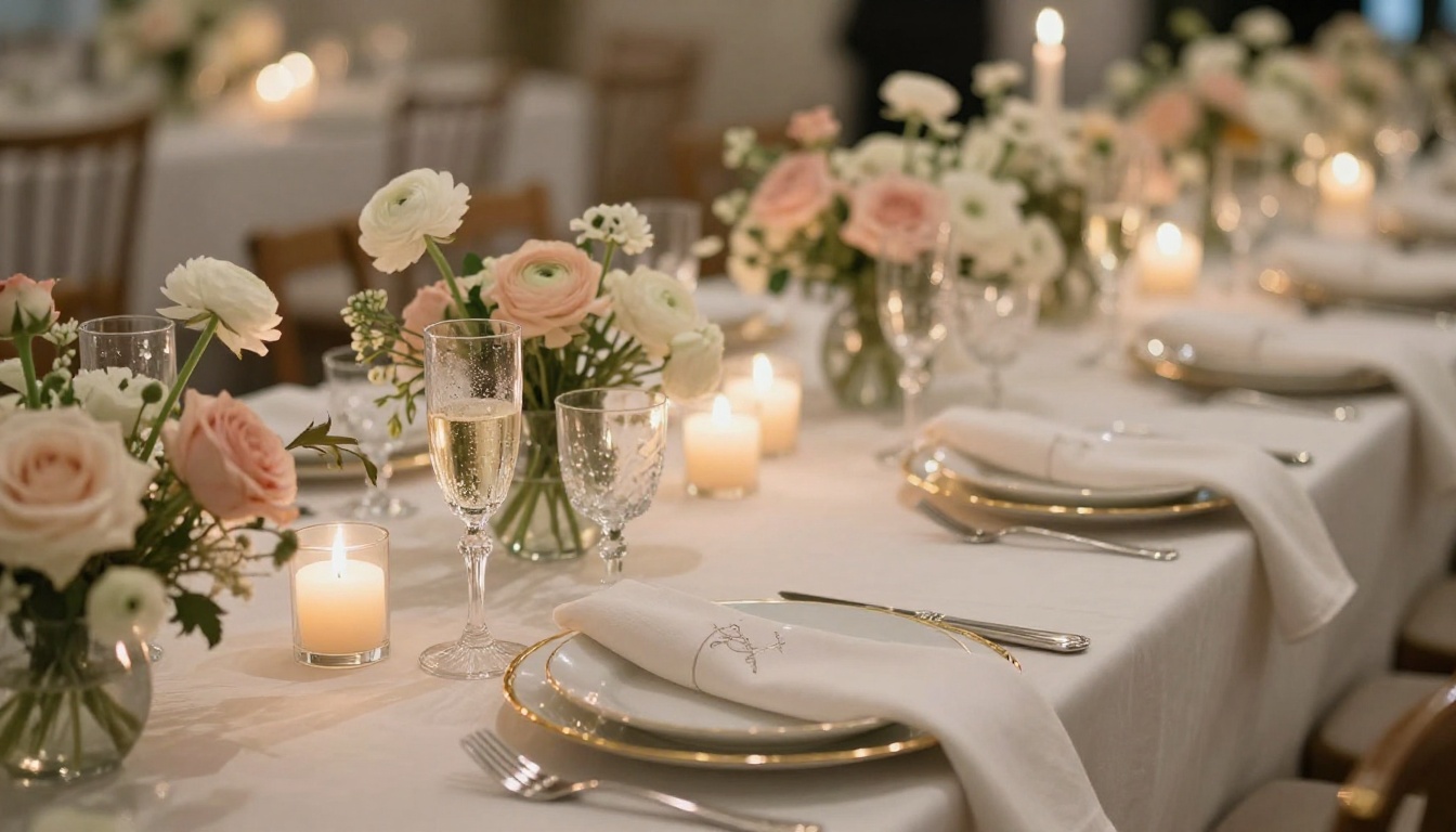 Elegant wedding reception table with candles, crystal glassware, and floral centerpiece