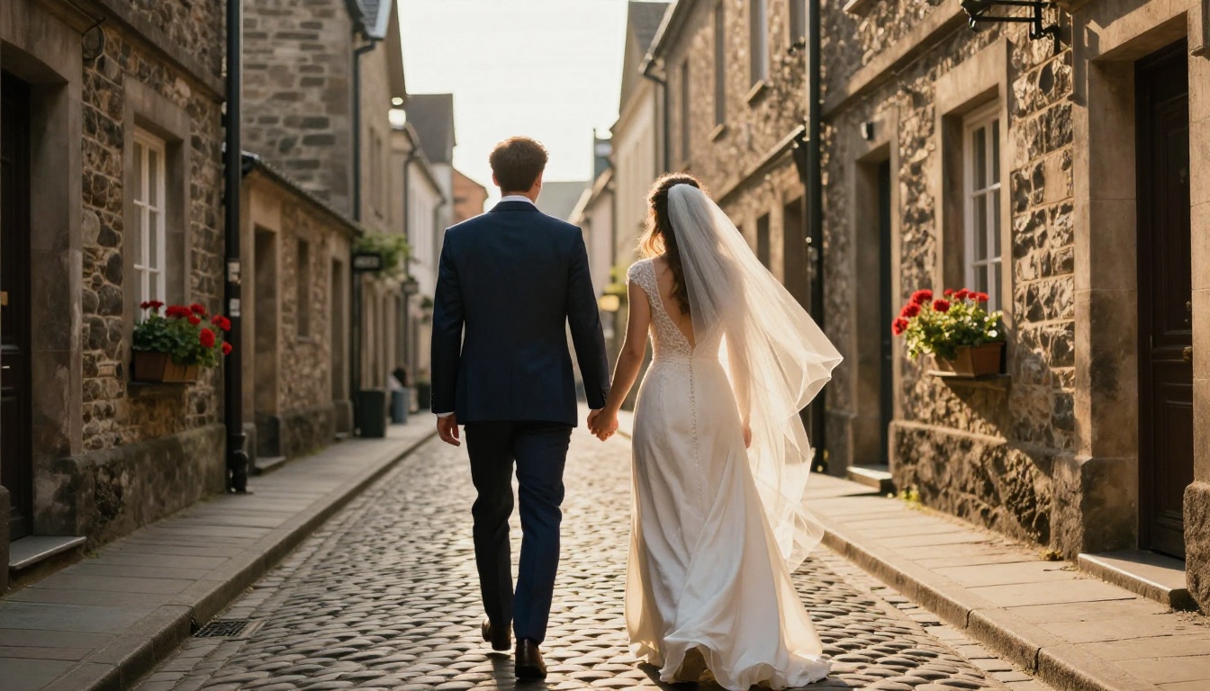 Couple from behind walking cobblestone street at golden hour with romantic backlight