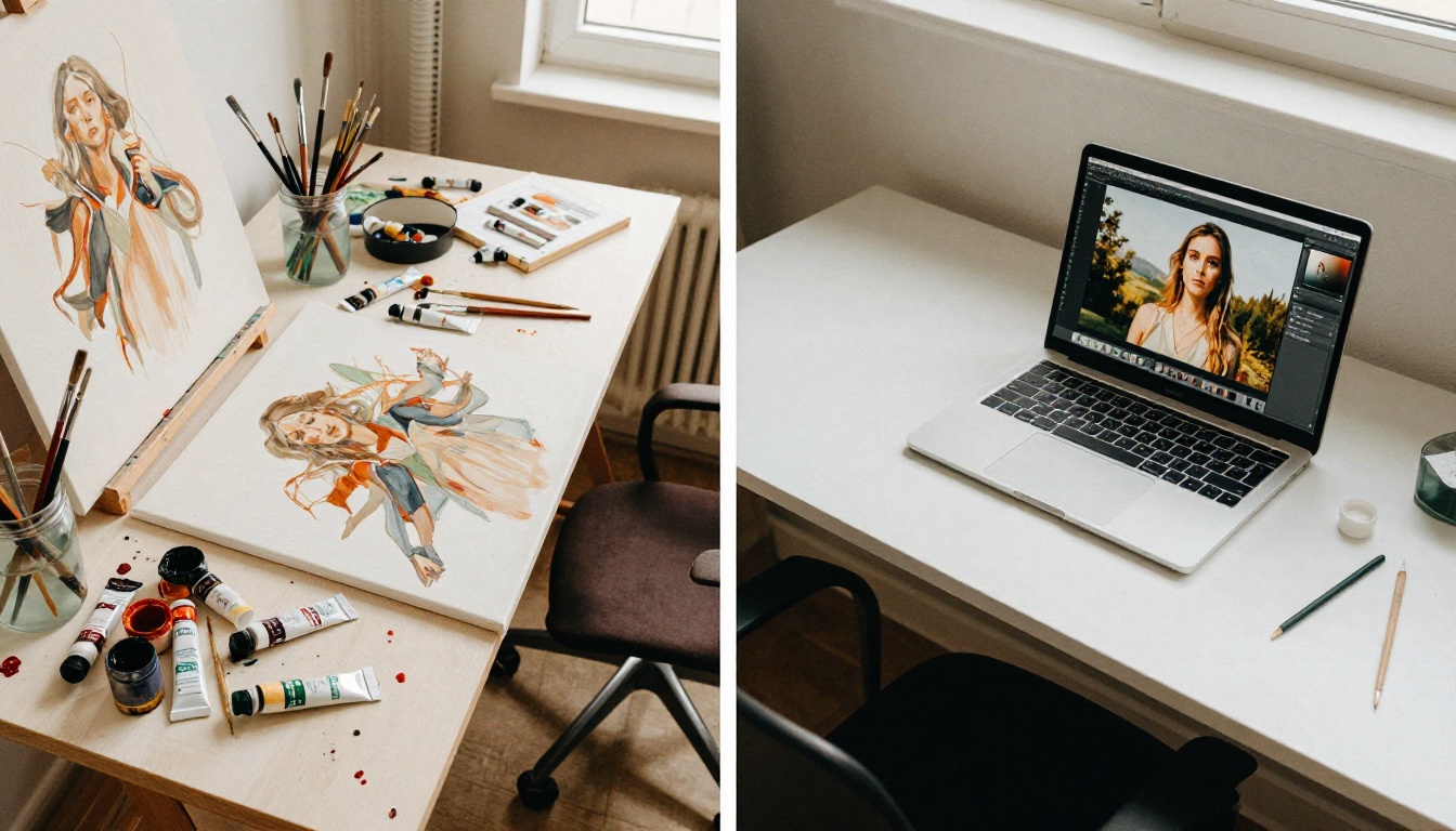 Traditional art versus AI-generated image side by side comparison Traditional art versus AI-generated image side by side comparison