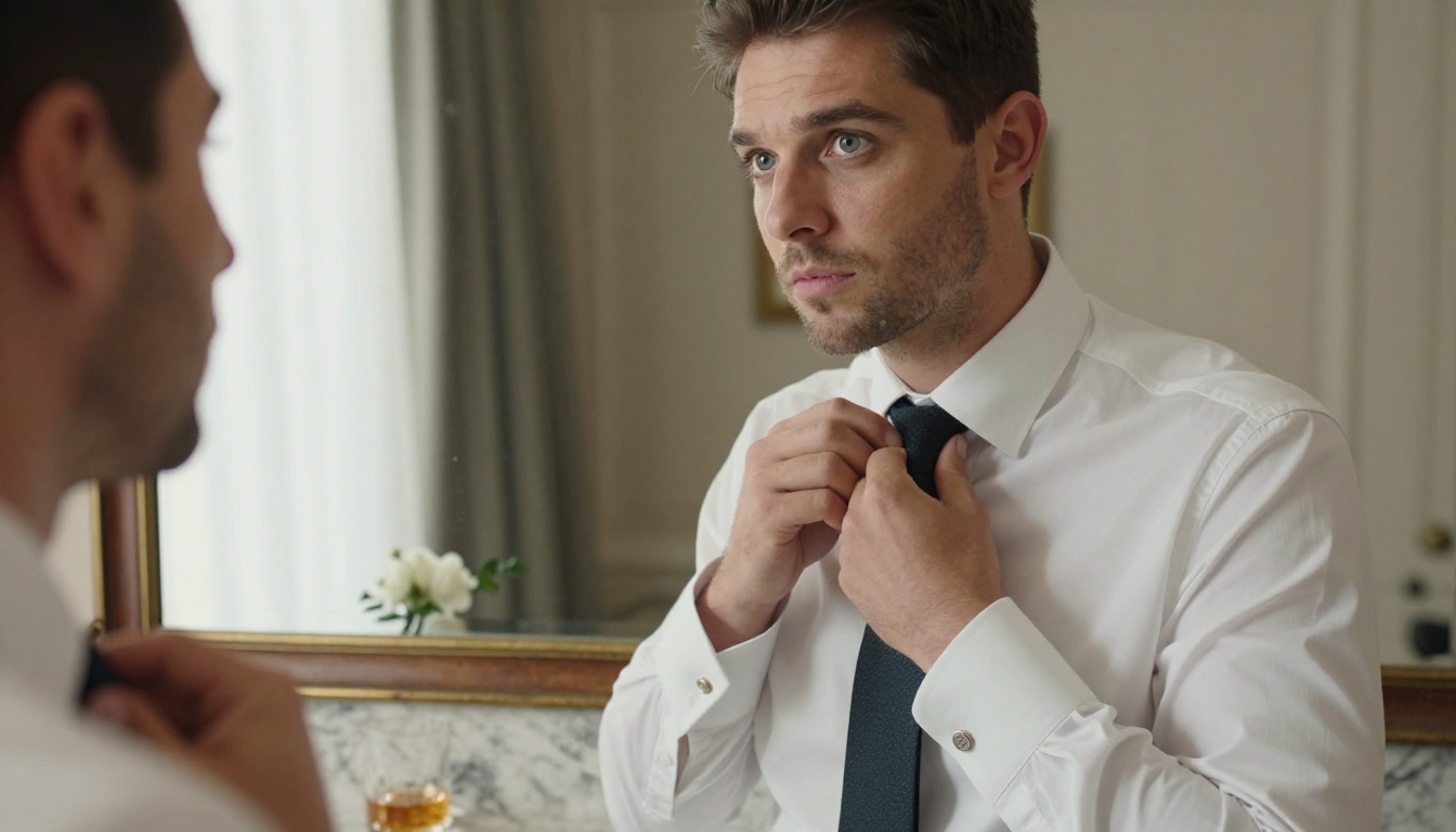 Groom fixing tie reflected in vintage hotel mirror with natural window light