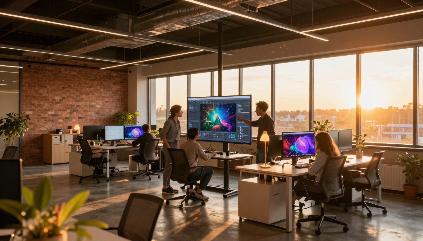 Creative agency professionals viewing AI-generated art on large screen