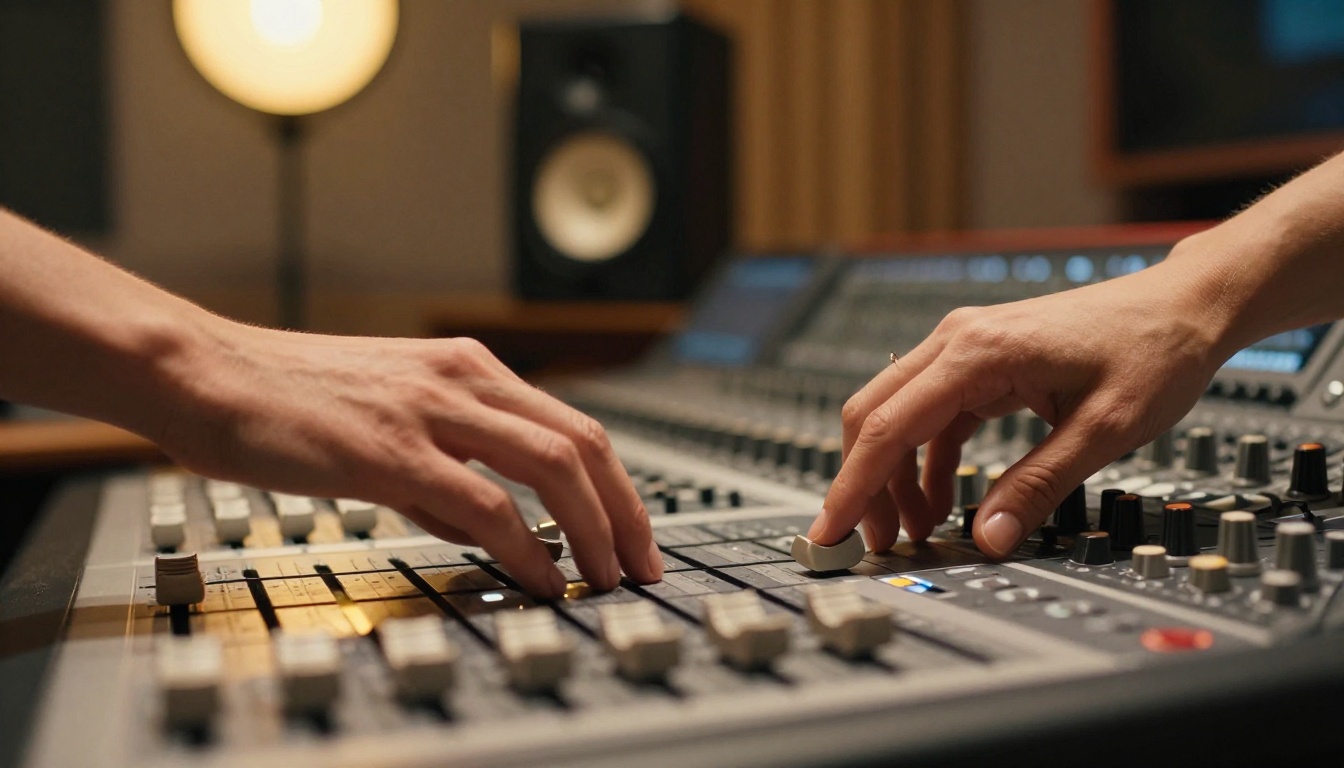 Audio mixing console with hands on faders in a professional recording studio