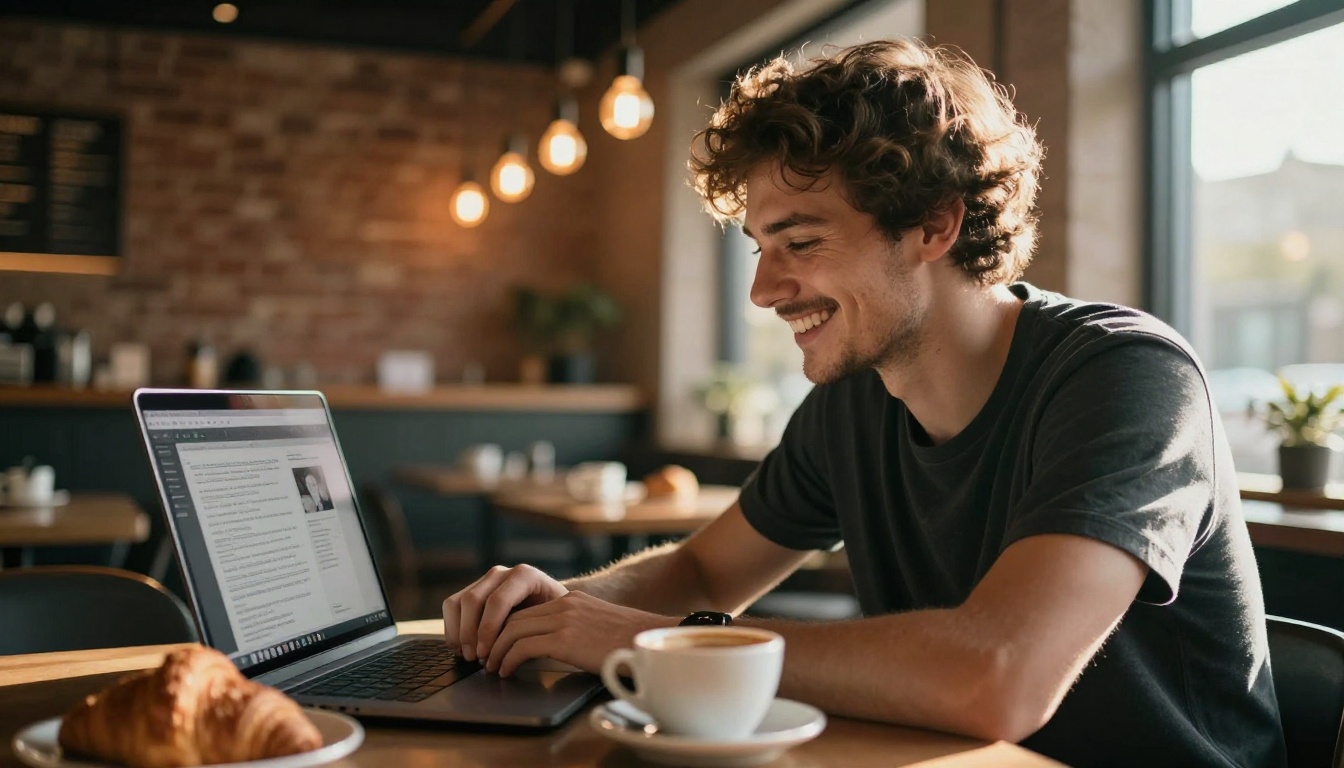 Man in coffee shop experiencing the joy of AI image generation